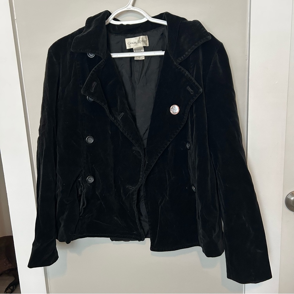 Casual Corner Black Velvet Double-Breasted Pea Coat